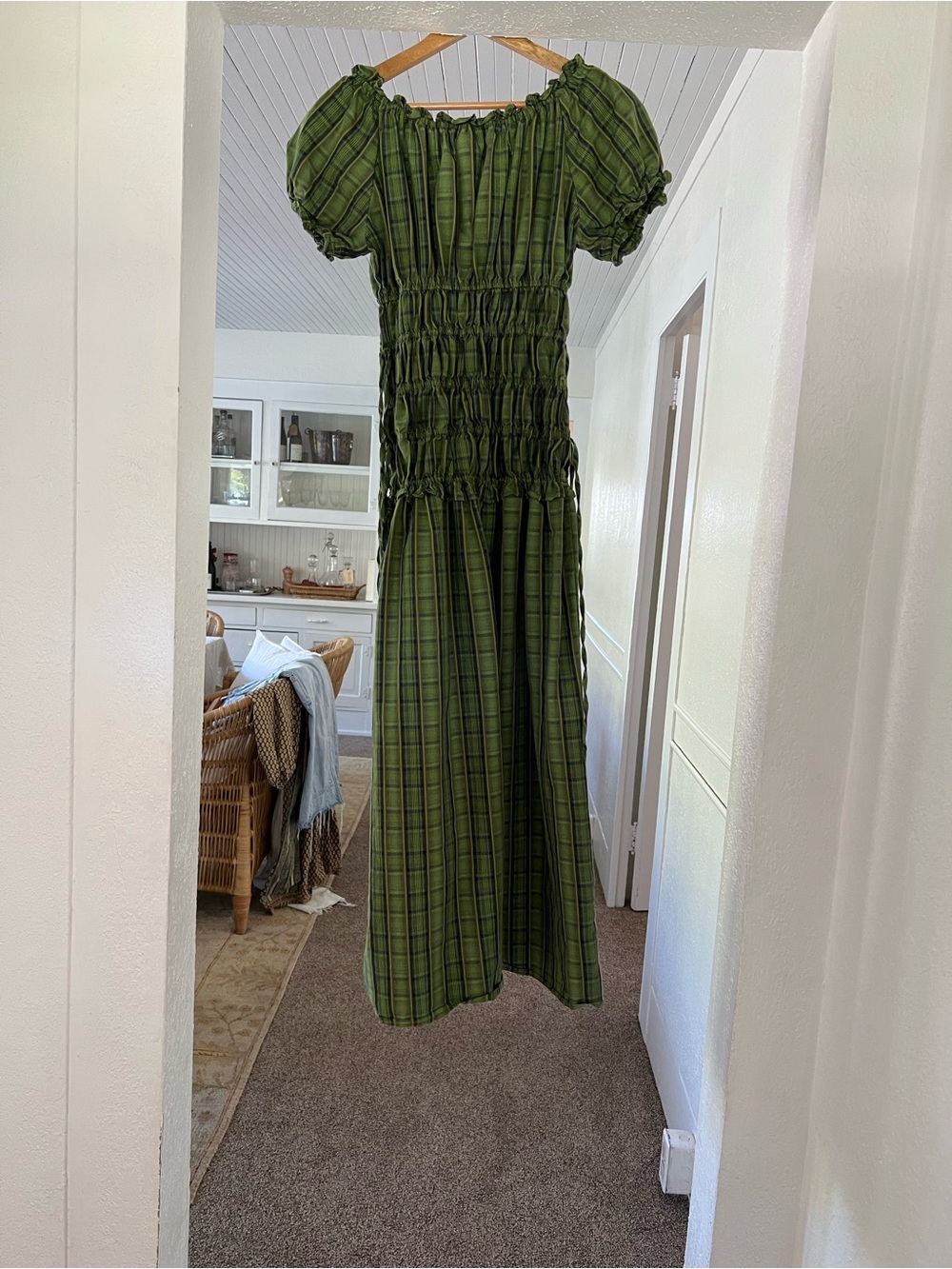 Topshop Olive Green Smocked Maxi Dress with Puff Sleeves - Picture 2 of 3